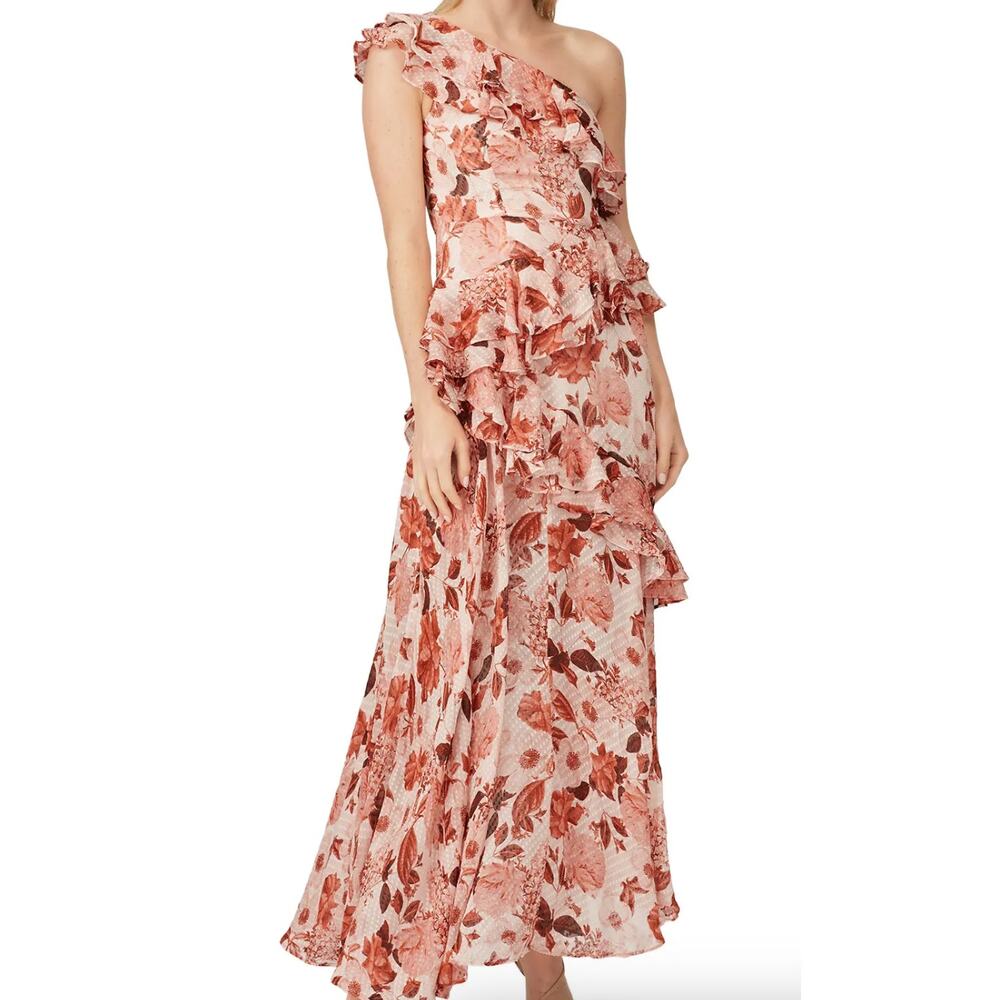 Thurley Dress Women 6 Pink Floral Venetian Night One Shoulder Tiered Ruffle Silk